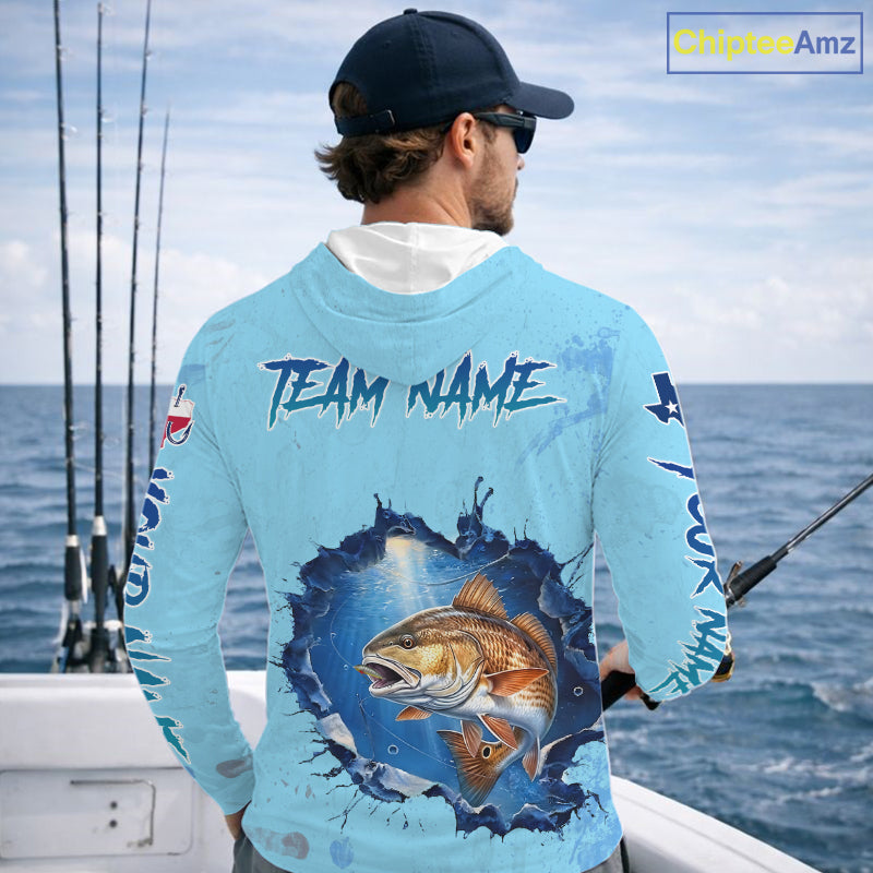 Custom Redfish Fishing Long Sleeve Hooded Tournament Shirts, Redfish Saltwater Fishing Apparel | Blue NBT686
