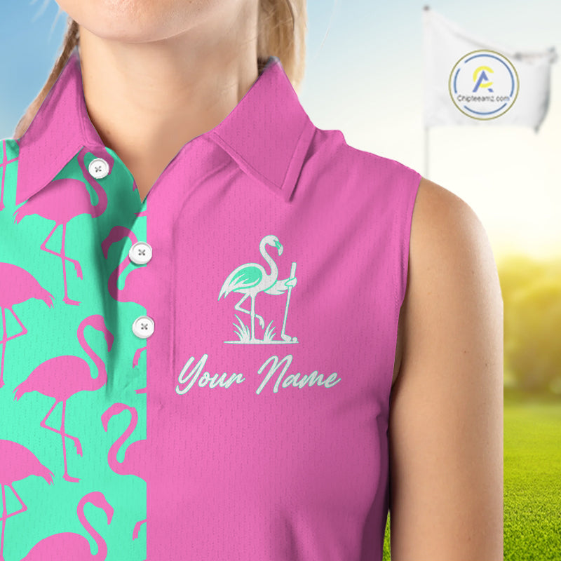 Close-up of pink and green flamingos pattern on women’s sleeveless golf polo shirt