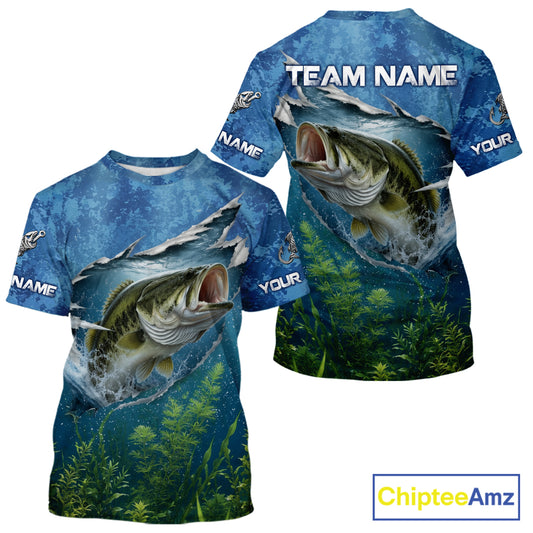 Front and back view of Personalized Bass Fishing Jersey custom camo bass fishing tournament T-Shirt, lightweight UPF 30+ fishing shirt with bass graphic and custom name