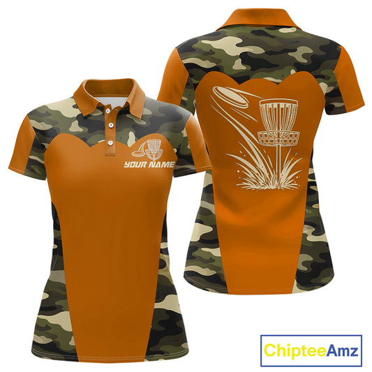 Womens Disc Golf Polo Shirt Custom Name Camo Disc Golf Basket, Personalized Disc Golf Shirts|Orange NBT644