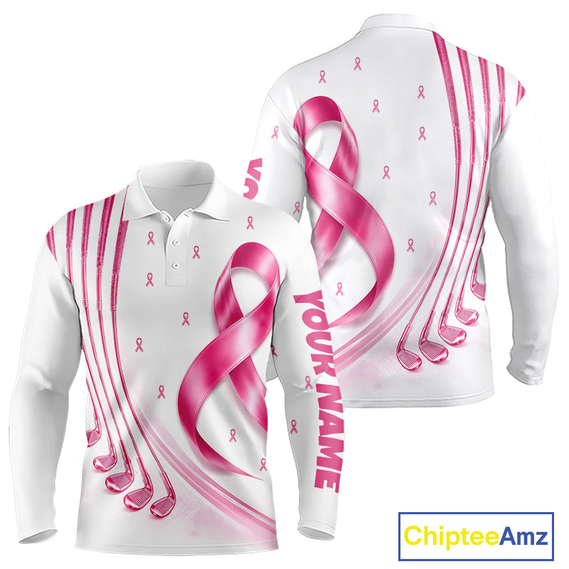 Front and back views of a white, pink breast cancer awareness golf polo shirt, chest name text.