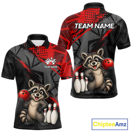 Front and Back view of custom red funny raccoon men’s bowling team polo shirt