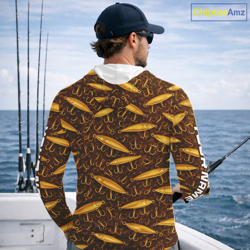 Custom Fishing Lure Yellow Long Sleeve Hooded Fishing Shirts For Men Custom Name, Mens Fishing Outfit NBT388