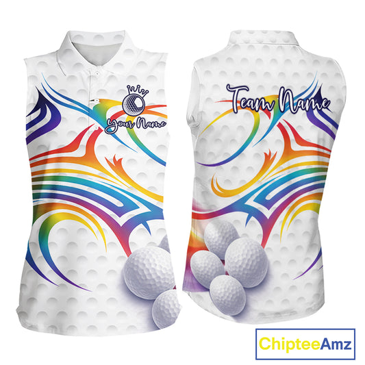 Rainbow Color Womens Sleeveless Golf Polo Shirts Golf Ball Pattern Custom Name, White Golf Shirt For Women NBT545