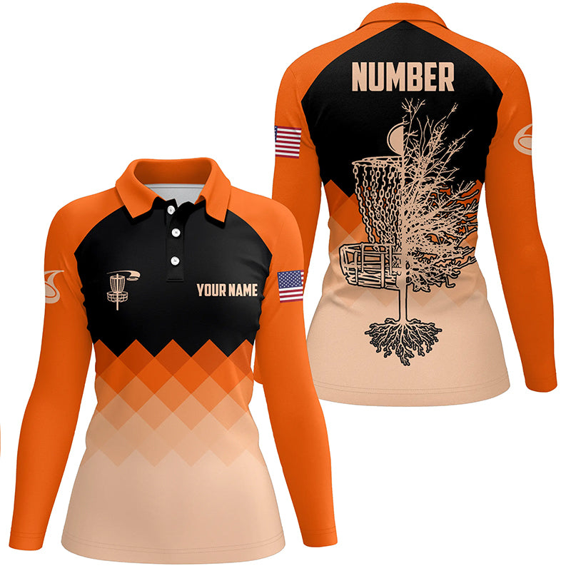 Orange Geometric Pattern Womens Disc Golf Polo Shirt Customized Disc Golf Shirts For Women LDT0514