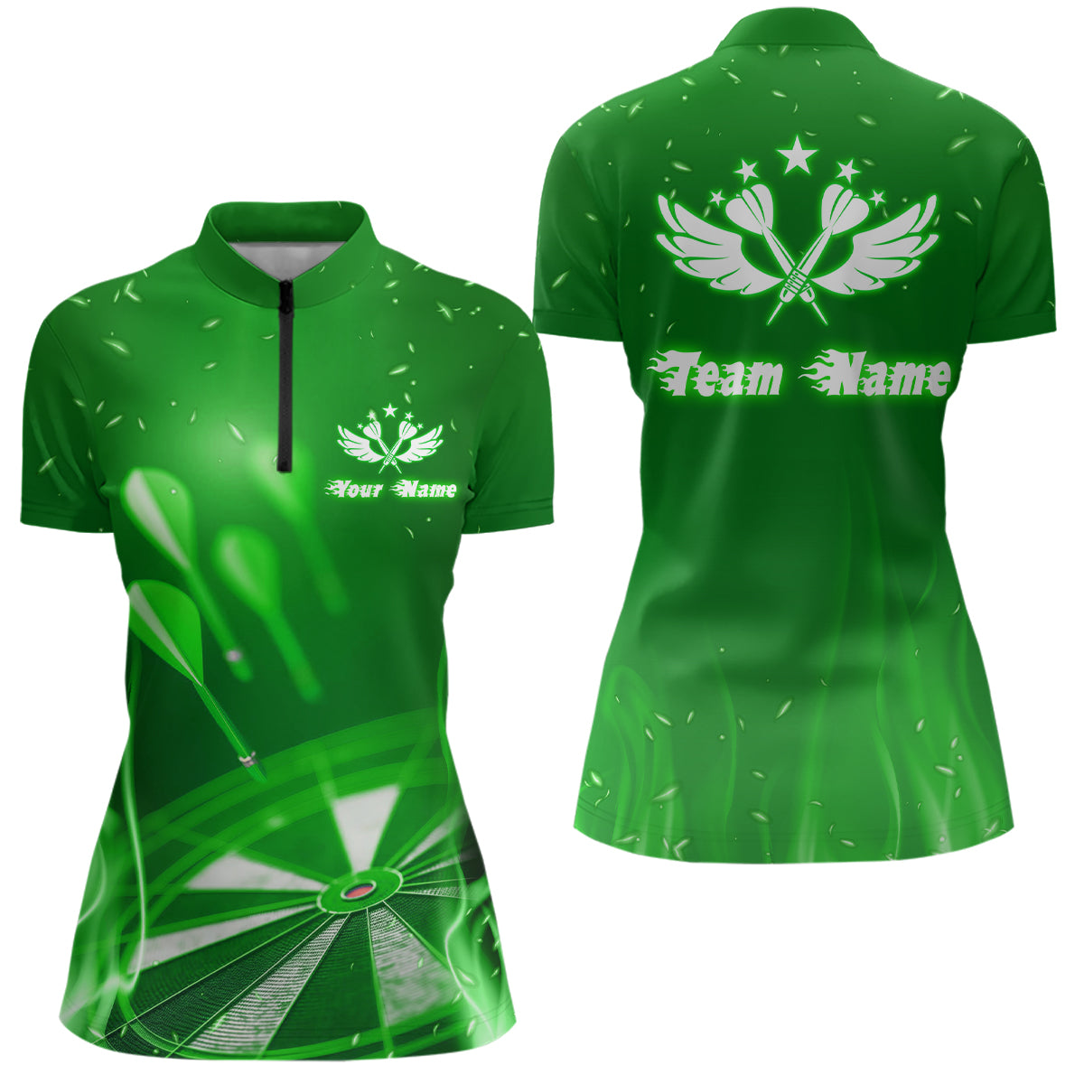 Green Fire Flame Star Personalized Darts Quarter Zip Shirt Custom Dart Jerseys For Women LDT1376