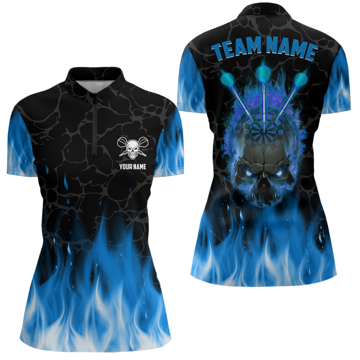 Blue Flame Skull Darts Quarter Zip Shirt Custom Scary Darts Shirt For Women Dart Jerseys LDT1422