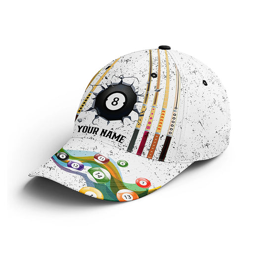 8 Ball Billiards White Grunge Custom Name Cap Hats For Men And Women, Personalized 3D Billiard Hats VHM0274
