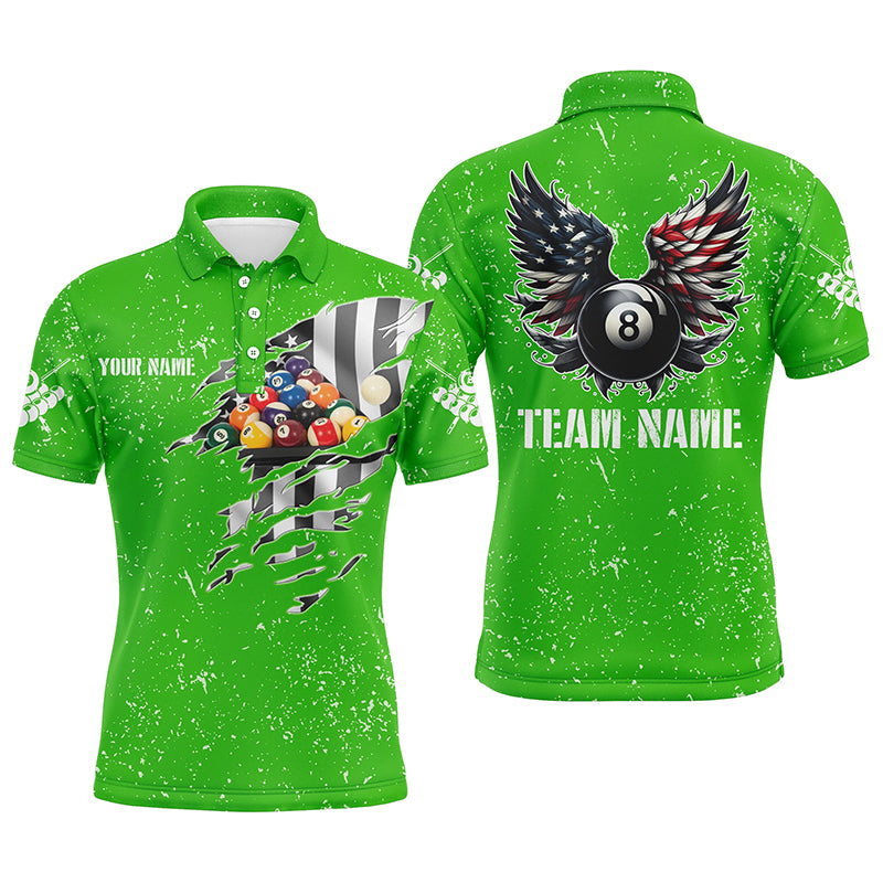 Personalized US Flag Billiard Balls 3D Polo Shirts For Men, Green Billiard 8 Ball Wings Jerseys VHM1007