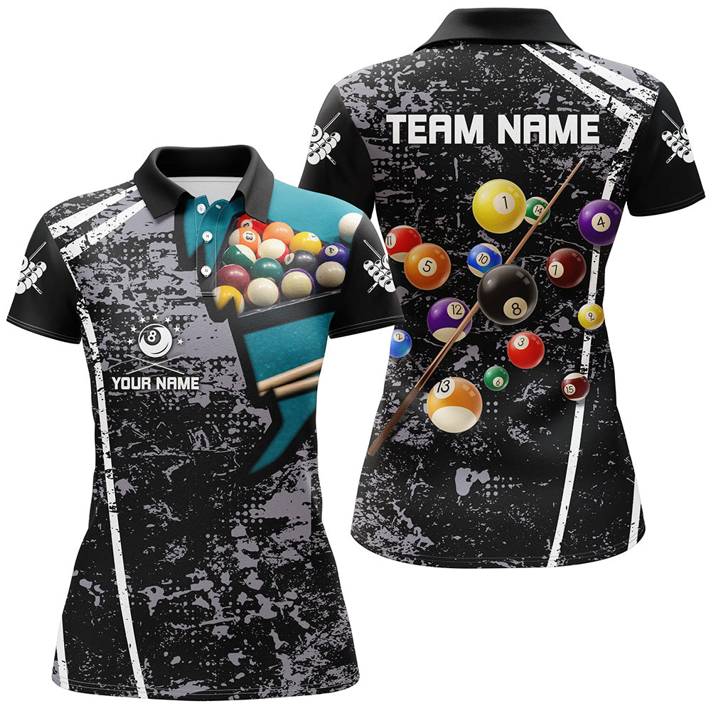 Personalized Grey Grunge Billiard Polo Shirts For Women, Custom 3D Pool Balls Billiard Jerseys VHM0739