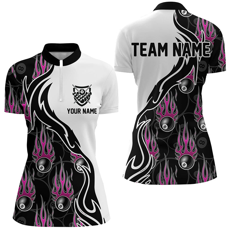 Personalized Billiard 8 Ball Flaming Pattern Pink Quarter-Zip Shirts For Women, Billiard Team Jerseys VHM0528