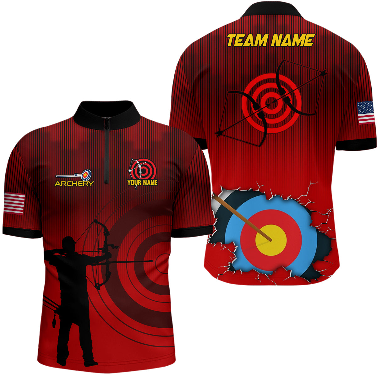 Personalized 3D Target Archery Silhouette Archer Quarter-Zip Shirts For Men, US Flag Archery Shirts VHM0636
