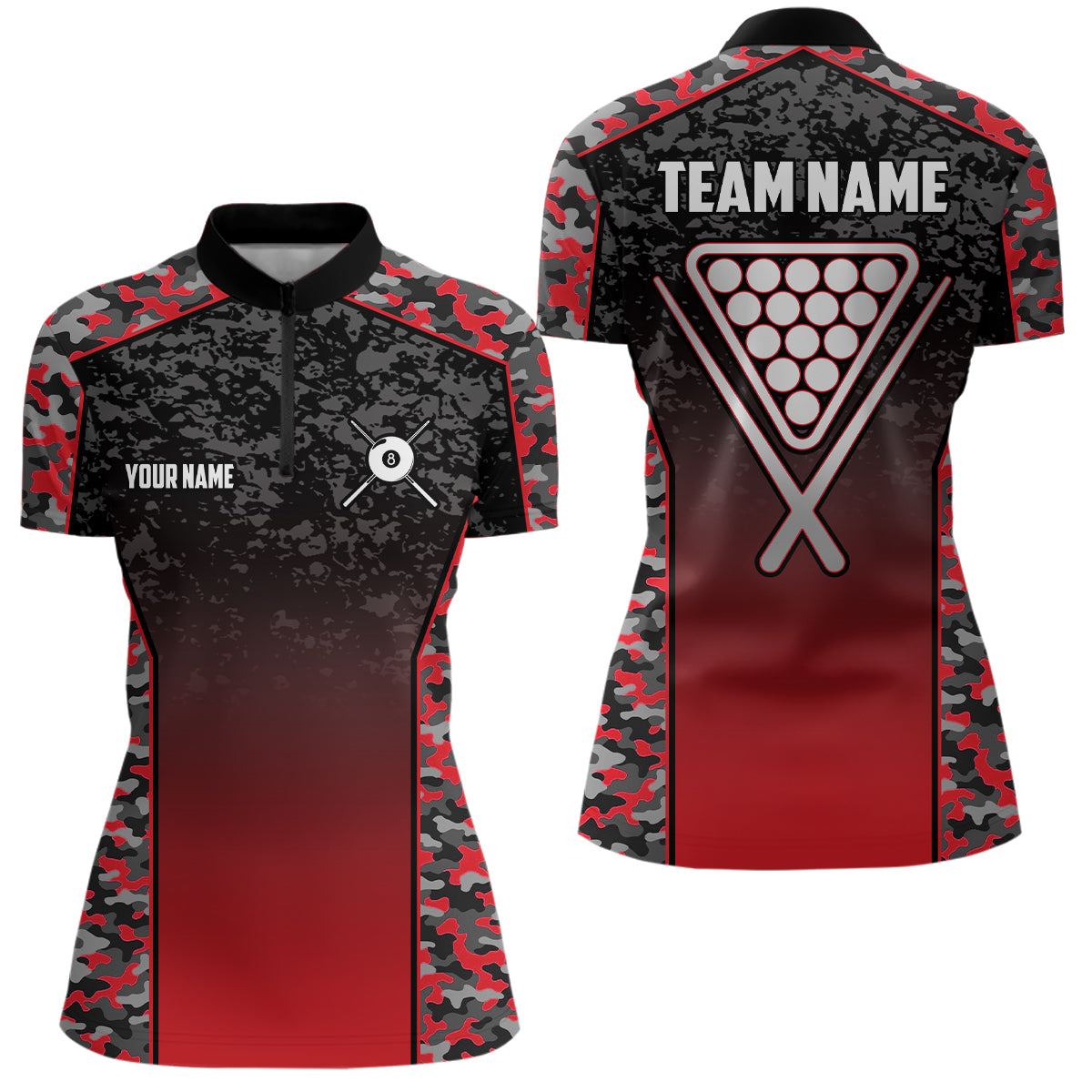 Personalized Red Camo 8 Ball Pool Quarter-Zip Shirts For Women, 8 Ball Billiard Balls Team Shirts VHM0797