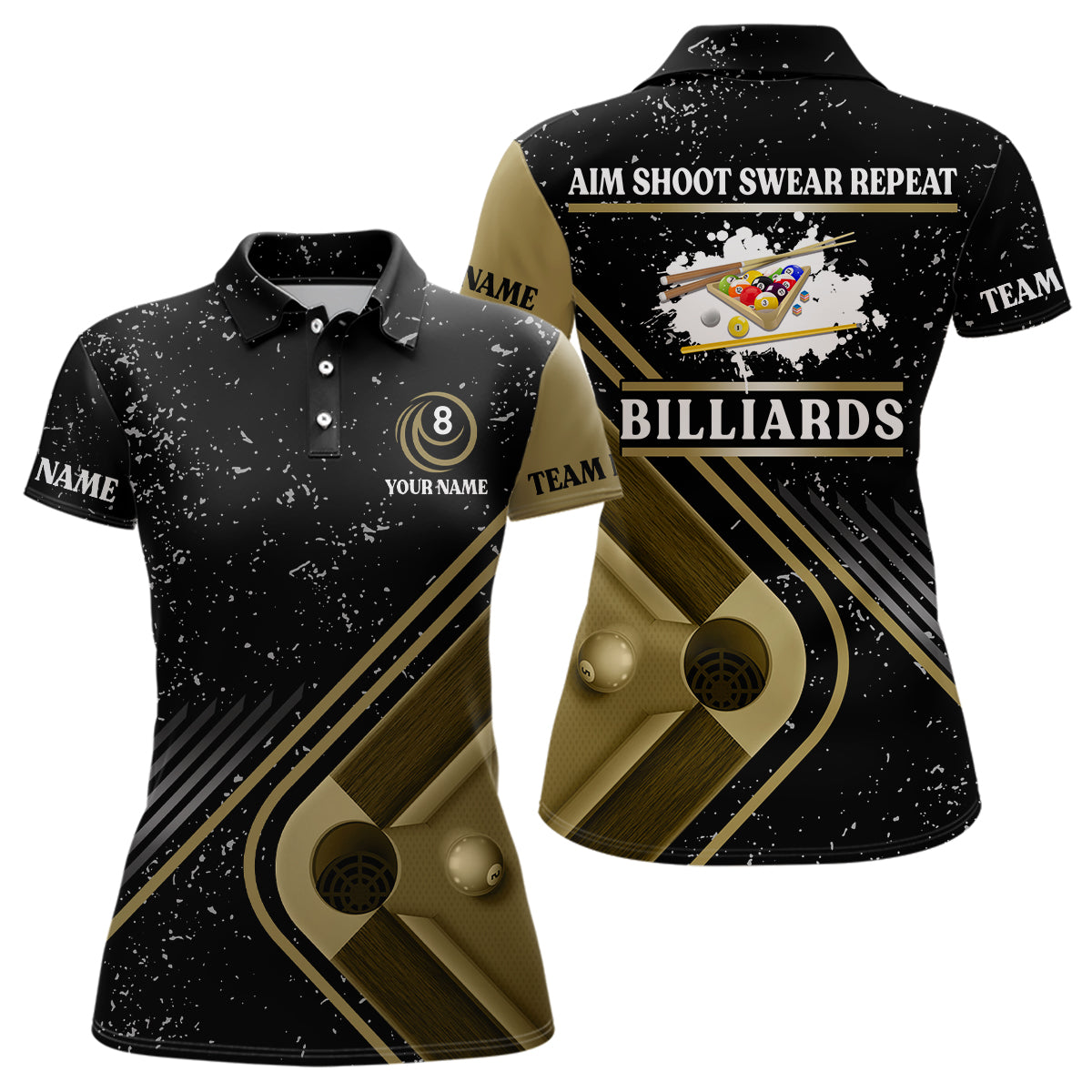Billiard Aim Shoot Swear Repeat Custom Billiard Black Grunge Polo Shirts For Women, Billiard Jerseys VHM0487