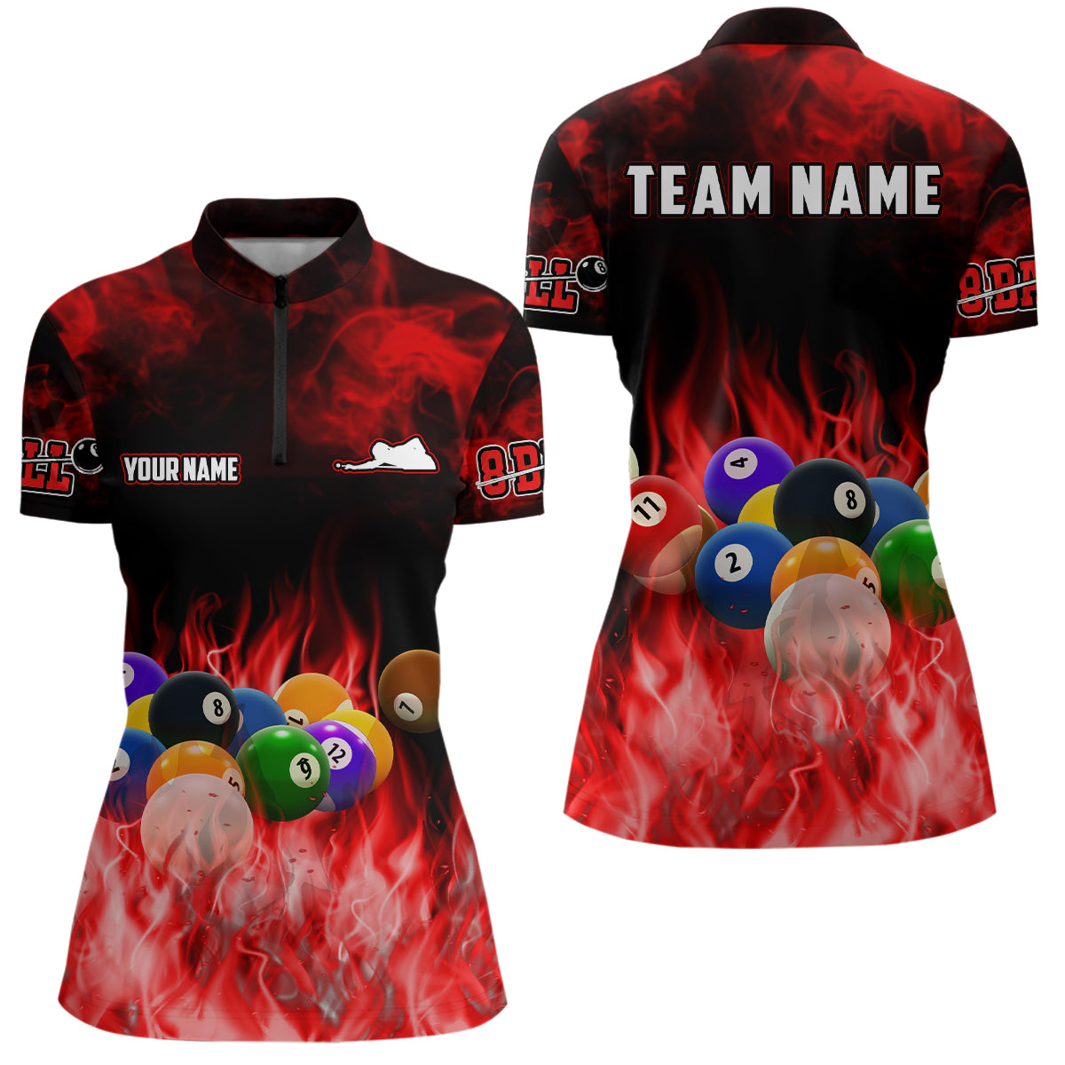 Personalized Billiard Balls Flame Billiard Red Quarter-Zip Shirts For Women, 8 Ball Pool Jerseys VHM0517