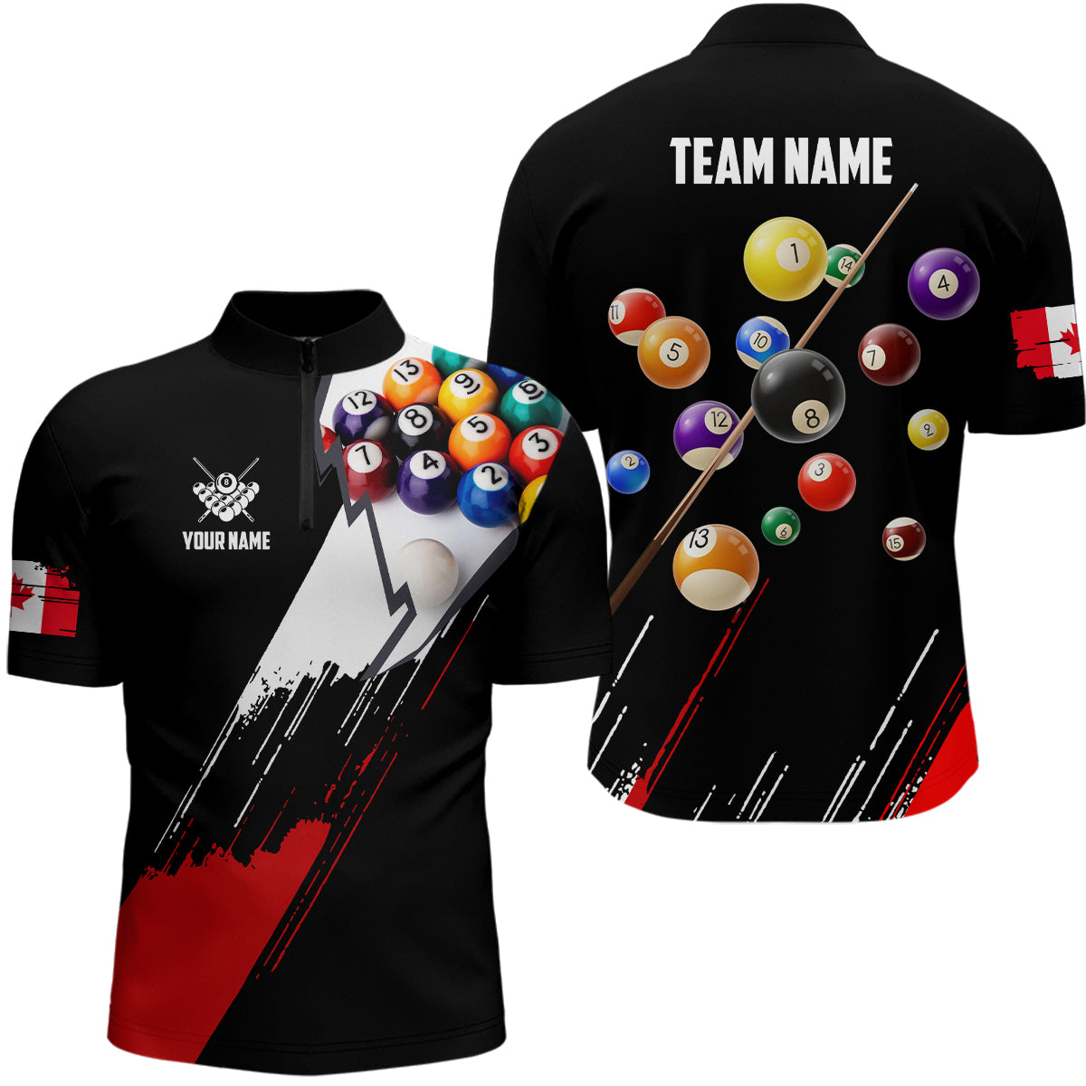 Personalized Red Black Billiard Balls Quarter-Zip Shirts For Men, Canadian Flag 8 Ball Pool Shirts VHM0758