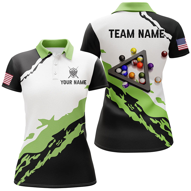 Personalized 3D Black Green Billiard Balls Polo Shirts For Women Custom Team Name Billiard Jerseys TDM1059