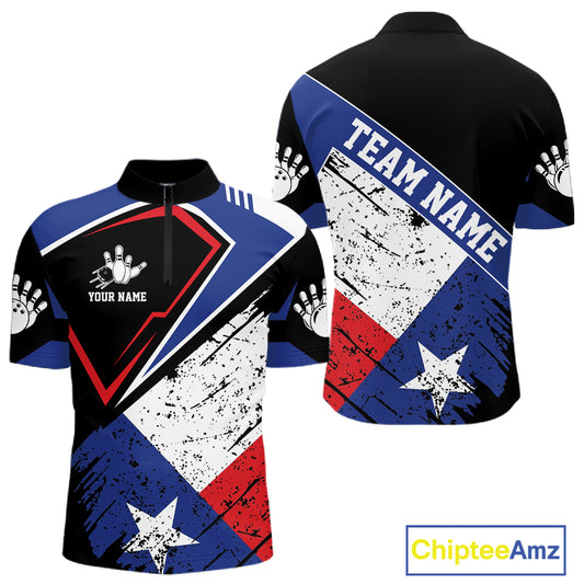 Grunge Texas flag bowling quarter zip shirt for men designed for league tournaments and team events.