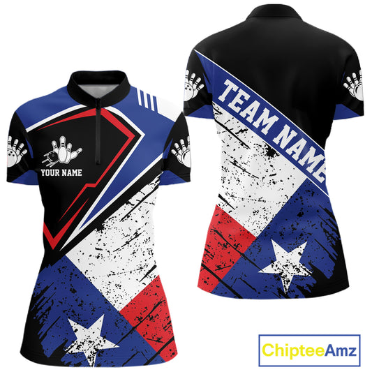 Grunge Texas flag bowling quarter zip shirt for women designed for league tournaments and team events.