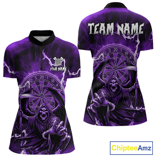 Purple Grim Reaper Lightning 3D Darts Shirt For Women Custom Darts Jersey Team Polo & 1/4 Zip TDM4952