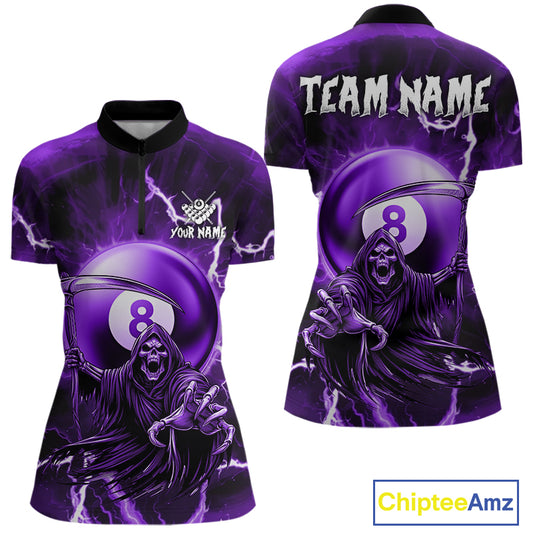 Purple Grim Reaper 8 Ball Billiard Shirt For Women Custom Lightning Pool Team Jersey Polo & 1/4 Zip TDM4955