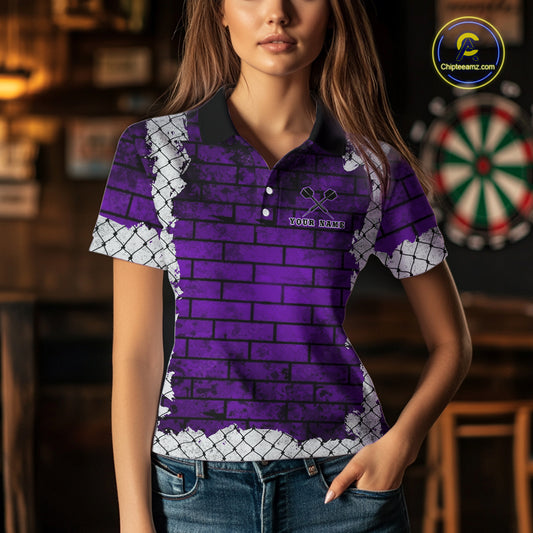 Purple Brick-Wall Fierce Bulldog Women Darts Polo Team Shirt Personalized Name For Players NYN2115