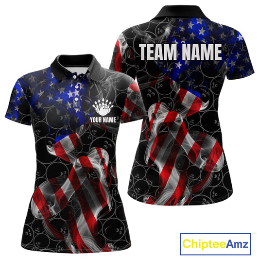 Custom American Flag Smoke Bowling Shirt For Women, Patriotic Team Bowling Jersey Polo & 1/4 Zip TDM6290