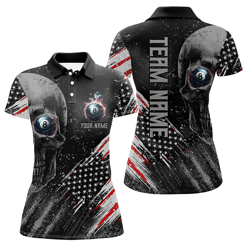 Personalized Billiard Skull 8 Ball Pool Smoke US Flag Women Polo Shirts, Patriotic Billiards Outfit TDM1208