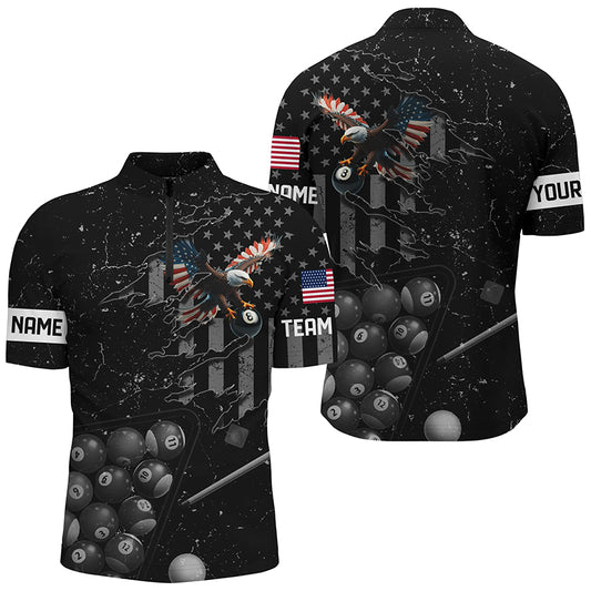 Customized Eagle Retro US Flag Black Billiard Shirts For Men, Best Patriotic Pool Player Shirts TDM2197