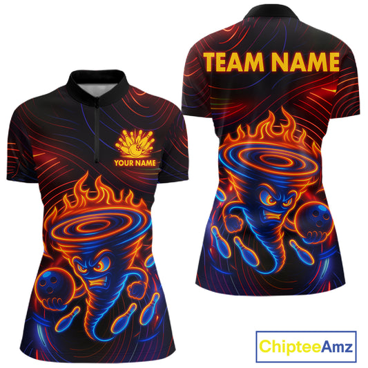 Funny Neon Tornado Flame Bowling Jersey For Women Custom Bowling Shirt Team Polo & Quarter Zip TDM5447
