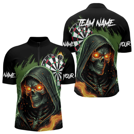 Personalized Green Grim Reaper Fire Dart Shirts For Men Custom Skull Dart Jersey Polo & 1/4 Zip TDM3711