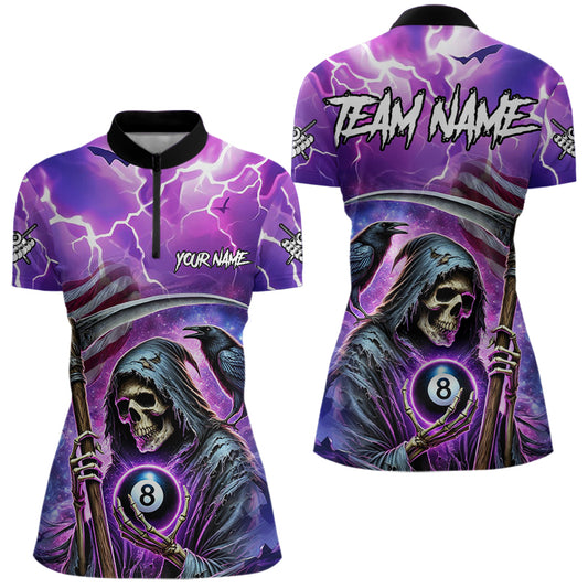 Grim Reaper Purple Galaxy Thunder Lightning Billiard Shirt For Women Custom 8 Ball Billiard Jersey TDM3725