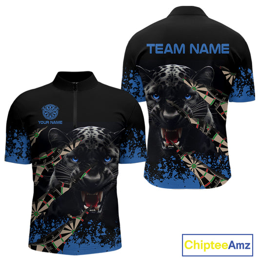 Black And Blue Grunge Panther Darts Shirt Polo & Quarter Zip For Men Custom Darts Team Jersey TDM4582