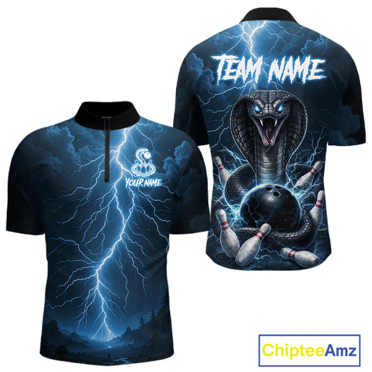 Custom Blue Lightning Cobra Snake Bowling Shirt For Men, Bowling Team Jersey Polo & 1/4 Zip TDM6350