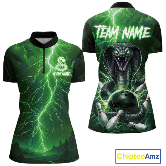 Custom Green Lightning Cobra Snake Bowling Shirt For Women, Bowling Team Jersey Polo & 1/4 Zip TDM6352