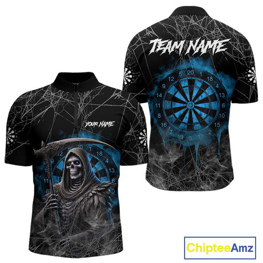 Black And Blue Grim Reaper Smoke Funny Dart Shirts For Men Custom Dart Jerseys, Darts Clothing TDM4005