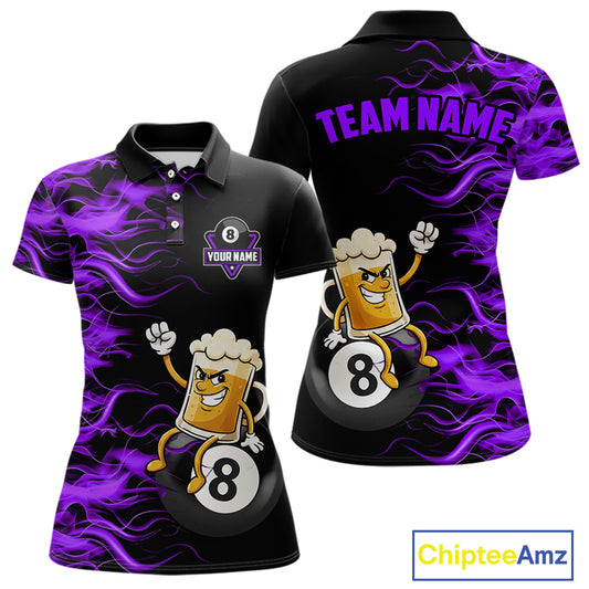 Purple Flaming Funny Beer 8 Ball Billiard Shirt For Women Custom Pool Team Jersey Polo & 1/4 Zip TDM5938