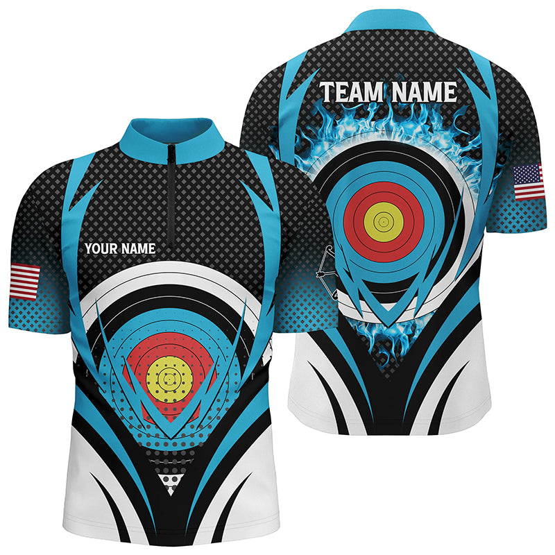Blue Flaming Archery Target Board Custom Men Quarter-Zip Shirts, Archery Jerseys Uniform TDM0609