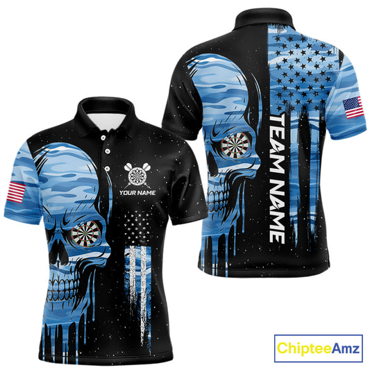 Blue Camo Skull American Flag Dart Shirt For Men Custom Patriotic Dart Jersey Team Polo & 1/4 Zip TDM5772