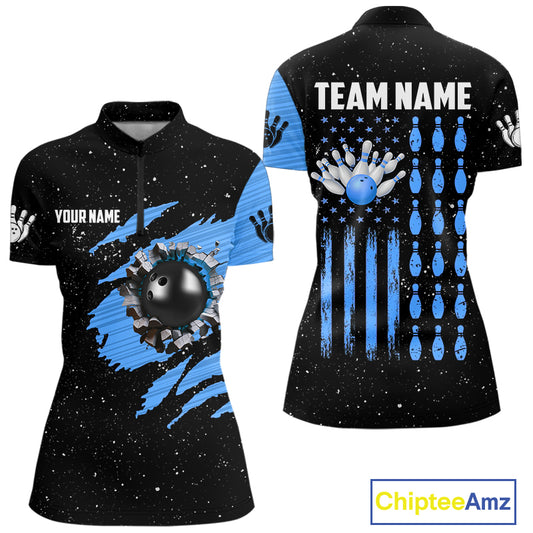 Custom Blue Grunge American Flag Bowling Shirt For Women, Patriotic Bowling Team Jersey Polo, 1/4 Zip TDM4632