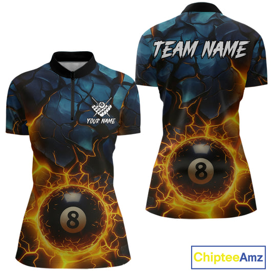 Personalized Fire Cracks 8 Ball Billiard Shirt For Women Custom 8 Ball Pool Jersey Polo & 1/4 Zip TDM5045