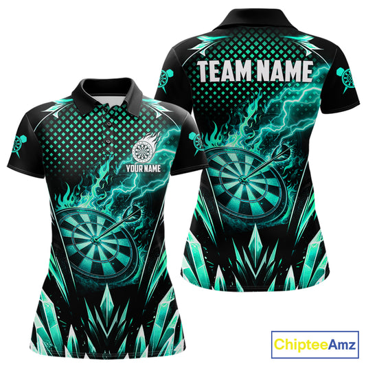Customized Turquoise Flame Lightning Icy Darts Shirt For Women, Darts Team Jersey Polo & Quarter Zip TDM6579