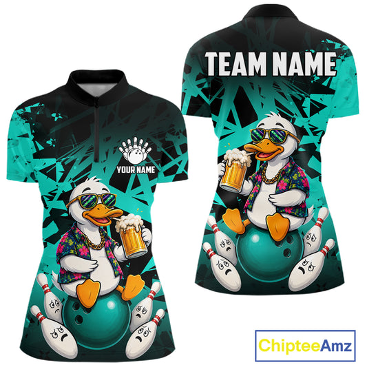 Personalized turquoise funny duck beer bowling team jersey quarter zip shirt for women featuring funny duck beer artwork, premium custom bowling apparel.