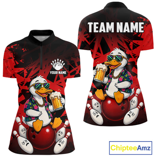 Personalized red funny duck beer bowling team jersey quarter zip shirt for women featuring funny duck beer artwork, premium custom bowling apparel.