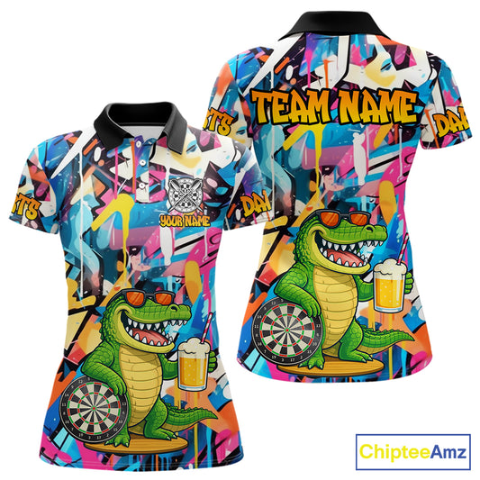 Funny Alligator Colorful Graffiti Darts Shirt For Women Custom Darts Team Jersey Polo & 1/4 Zip TDM6392