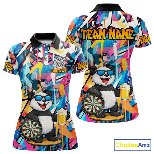 Funny Panda Colorful Graffiti Darts Shirt For Women Custom Darts Team Jersey Polo & 1/4 Zip TDM6394