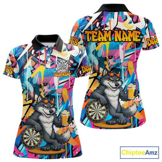 Funny Wolf Colorful Graffiti Darts Shirt For Women Custom Darts Team Jersey Polo & 1/4 Zip TDM6398