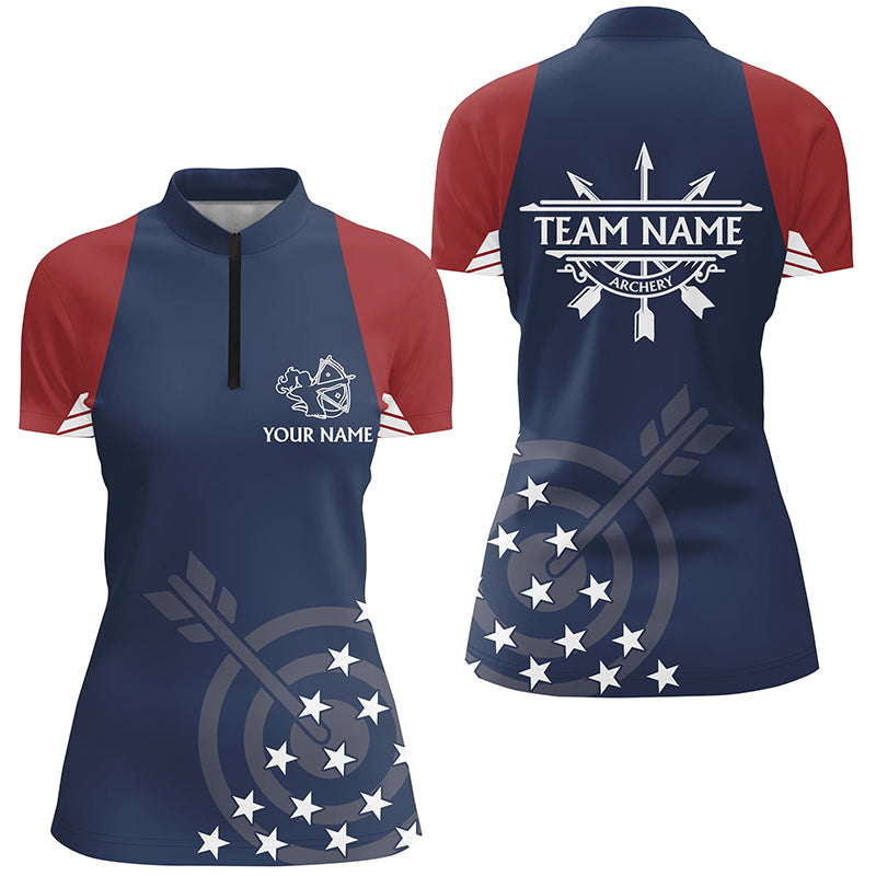 Personalized USA Flag Archery Patriotic Shirts For Women Custom Archery Quarter-Zip Shirts TDM0419