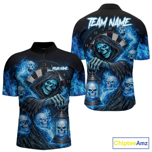 Blue Grim Reaper Flame Darts Shirt For Men Custom Skull Darts League Jersey Team Polo & Quarter Zip TDM5560