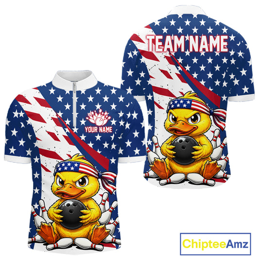A quarter zip shirts with a duck holding a bowling ball design, one with an American flag pattern and customized name text